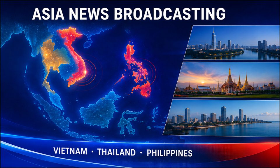 ASIA NEWS BROADCASTING 문구와 VIETNAM, THAILAND, PHILIPPINES 국가명이 표시된 해외뉴스 화면
